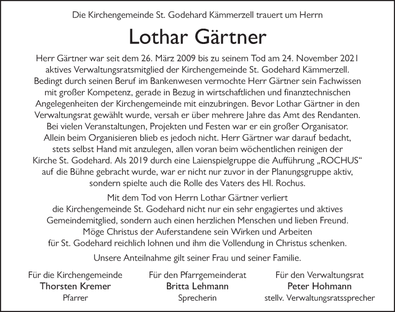  Traueranzeige für Lothar Gärtner vom 04.12.2021 aus FZ