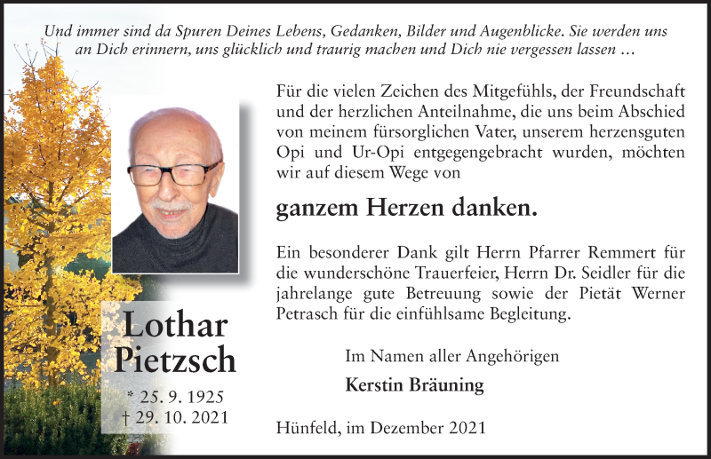  Traueranzeige für Lothar Pietzsch vom 18.12.2021 aus FZ