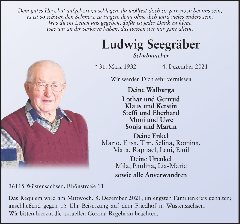  Traueranzeige für Ludwig Seegräber vom 07.12.2021 aus FZ