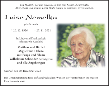 Traueranzeige von Luise Nemelka von FZ