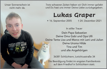 Traueranzeige von Lukas Graper von FZ