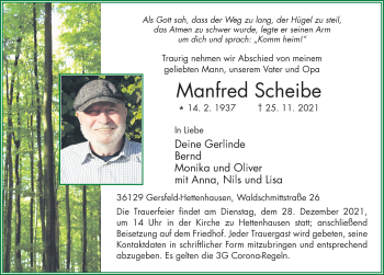 Traueranzeige von Manfred Scheibe von FZ