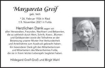 Traueranzeige von Margareta Greif von FZ