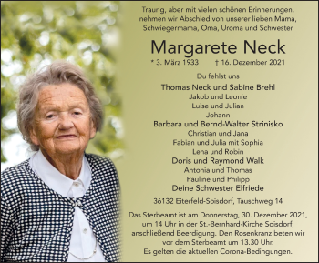 Traueranzeige von Margarete Neck von FZ