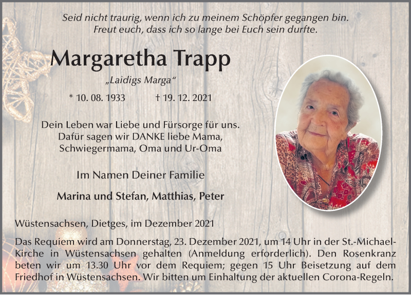  Traueranzeige für Margaretha Trapp vom 22.12.2021 aus FZ
