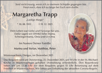 Traueranzeige von Margaretha Trapp von FZ