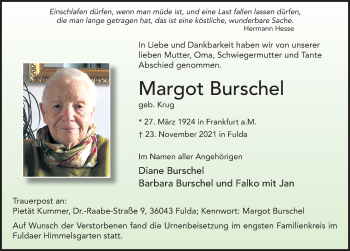 Traueranzeige von Margot Burschel von FZ