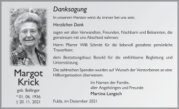 Traueranzeige von Margot Krick von FZ