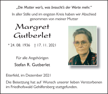 Traueranzeige von Margret Gutberlet von FZ