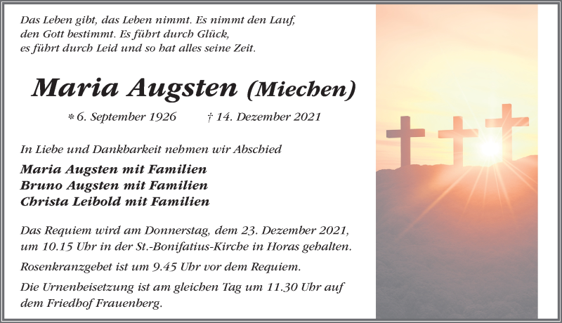  Traueranzeige für Maria Augsten vom 18.12.2021 aus FZ