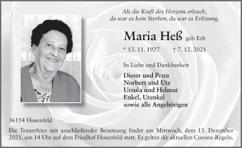 Traueranzeige von Maria Heß von FZ