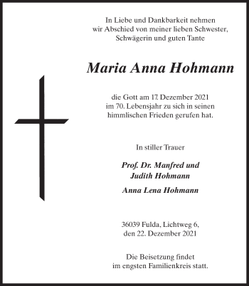 Traueranzeige von Maria Anna Hohmann von FZ