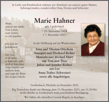 Traueranzeige von Marie Hahner von FZ