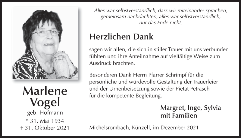  Traueranzeige für Marlene Vogel vom 18.12.2021 aus FZ
