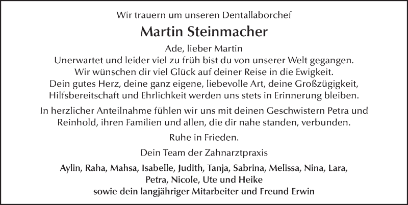  Traueranzeige für Martin Steinmacher vom 11.12.2021 aus FZ