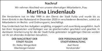 Traueranzeige von Martina Lindenlaub von FZ
