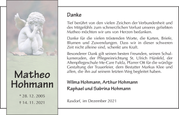 Traueranzeige von Matheo Hohmann von FZ