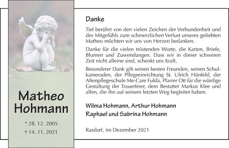  Traueranzeige für Matheo Hohmann vom 03.12.2021 aus FZ