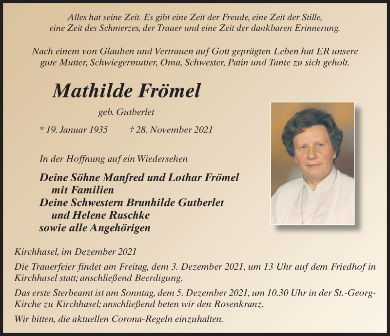  Traueranzeige für Mathilde Frömel vom 02.12.2021 aus FZ