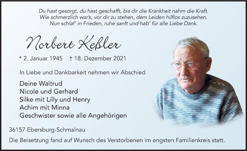  Traueranzeige für Norbert Keßler vom 31.12.2021 aus FZ