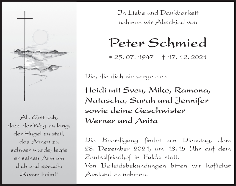  Traueranzeige für Peter Schmied vom 23.12.2021 aus FZ