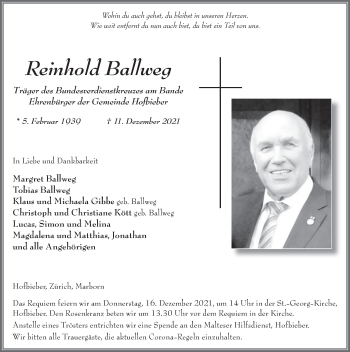 Traueranzeige von Reinhold Ballweg von FZ