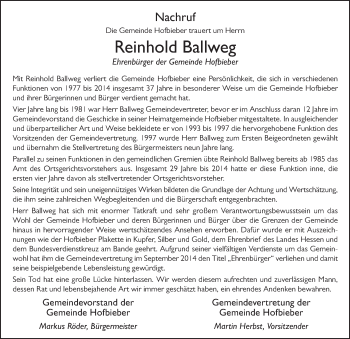 Traueranzeige von Reinhold Ballweg von FZ