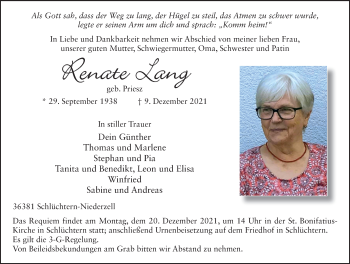 Traueranzeige von Renate Lang von FZ