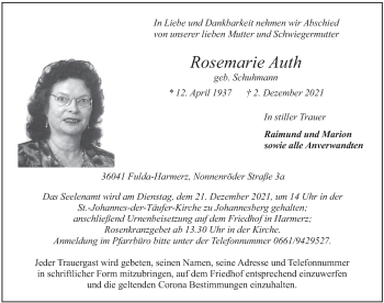 Traueranzeige von Rosemarie Auth von FZ