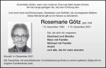 Traueranzeige von Rosemarie Götz von FZ