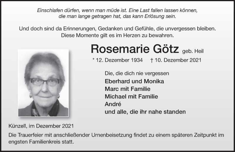  Traueranzeige für Rosemarie Götz vom 18.12.2021 aus FZ