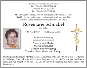 Traueranzeige von Rosemarie Schnabel von FZ