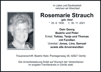 Traueranzeige von Rosemarie Strauch von FZ