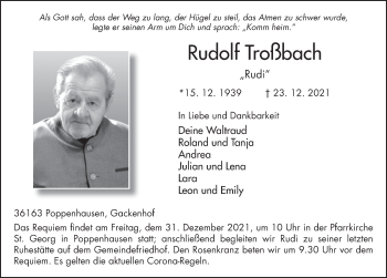 Traueranzeige von Rudolf Troßbach von FZ