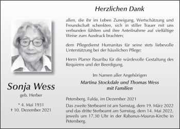 Traueranzeige von Sonja Wess