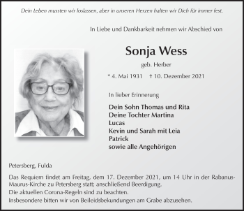 Traueranzeige von Sonja Wess