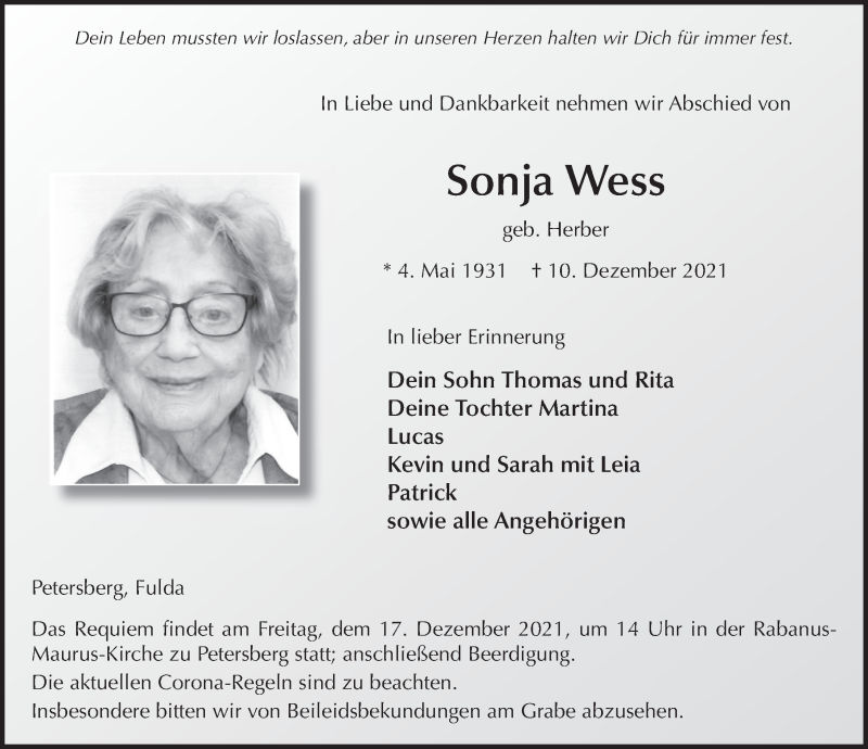  Traueranzeige für Sonja Wess vom 14.12.2021 aus FZ