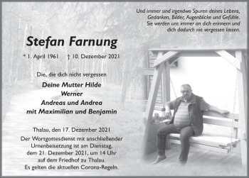 Traueranzeige von Stefan Farnung von FZ