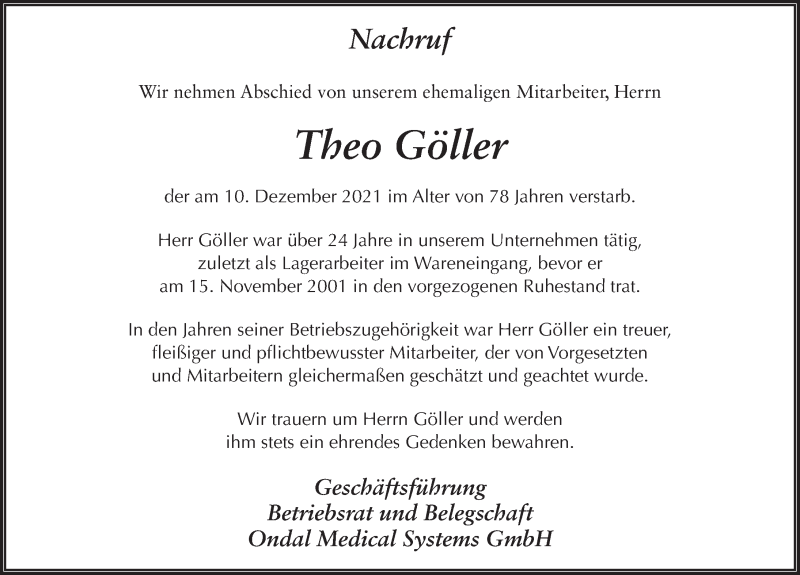  Traueranzeige für Theo Göller vom 14.12.2021 aus FZ