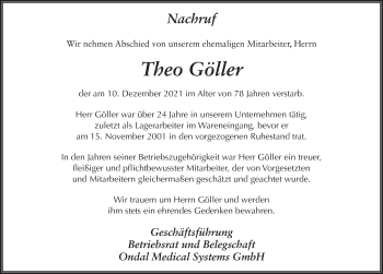 Traueranzeige von Theo Göller von FZ