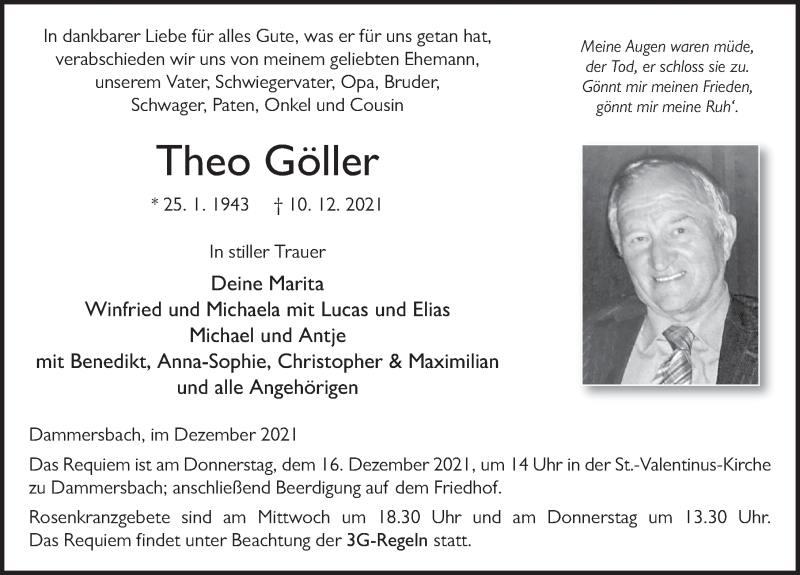  Traueranzeige für Theo Göller vom 14.12.2021 aus FZ