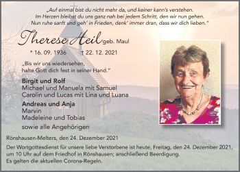 Traueranzeige von Therese Heil von FZ