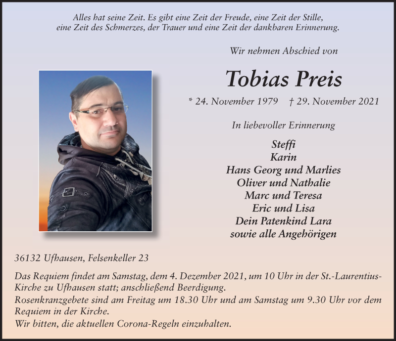  Traueranzeige für Tobias Preis vom 02.12.2021 aus FZ