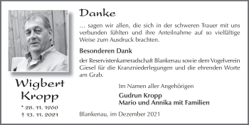Traueranzeige von Wigbert Kropp von FZ