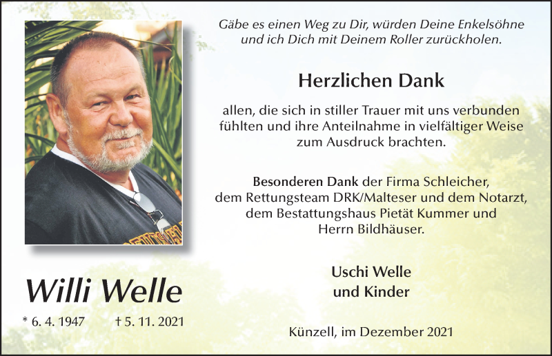  Traueranzeige für Willi Welle vom 03.12.2021 aus FZ