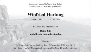 Traueranzeige von Winfried Hartung von FZ