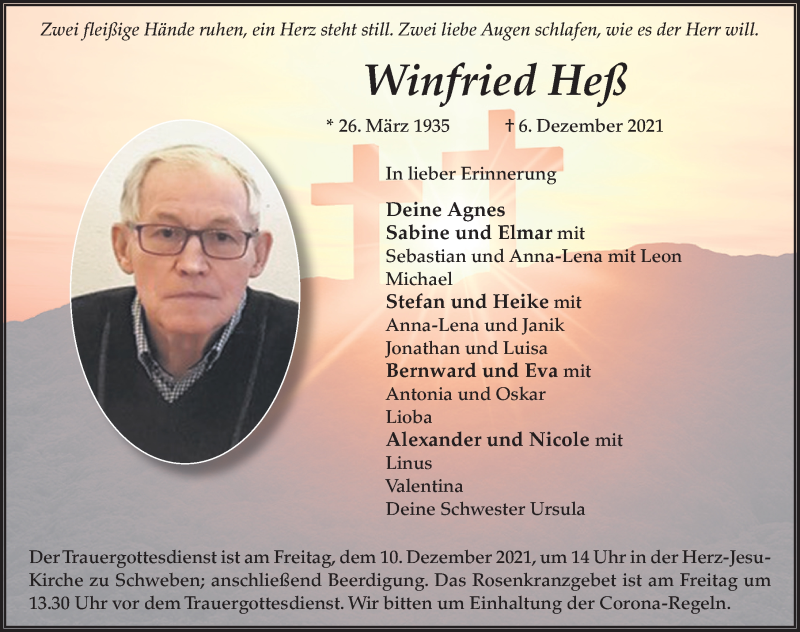  Traueranzeige für Winfried Heß vom 08.12.2021 aus FZ