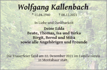 Traueranzeige von Wolfgang Kallenbach von FZ