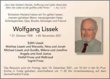 Traueranzeige von Wolfgang Lissek von FZ