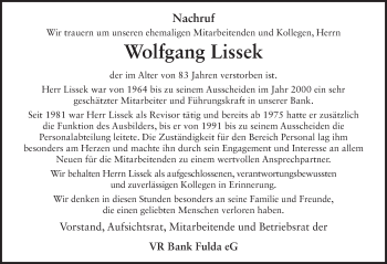 Traueranzeige von Wolfgang Lissek von FZ
